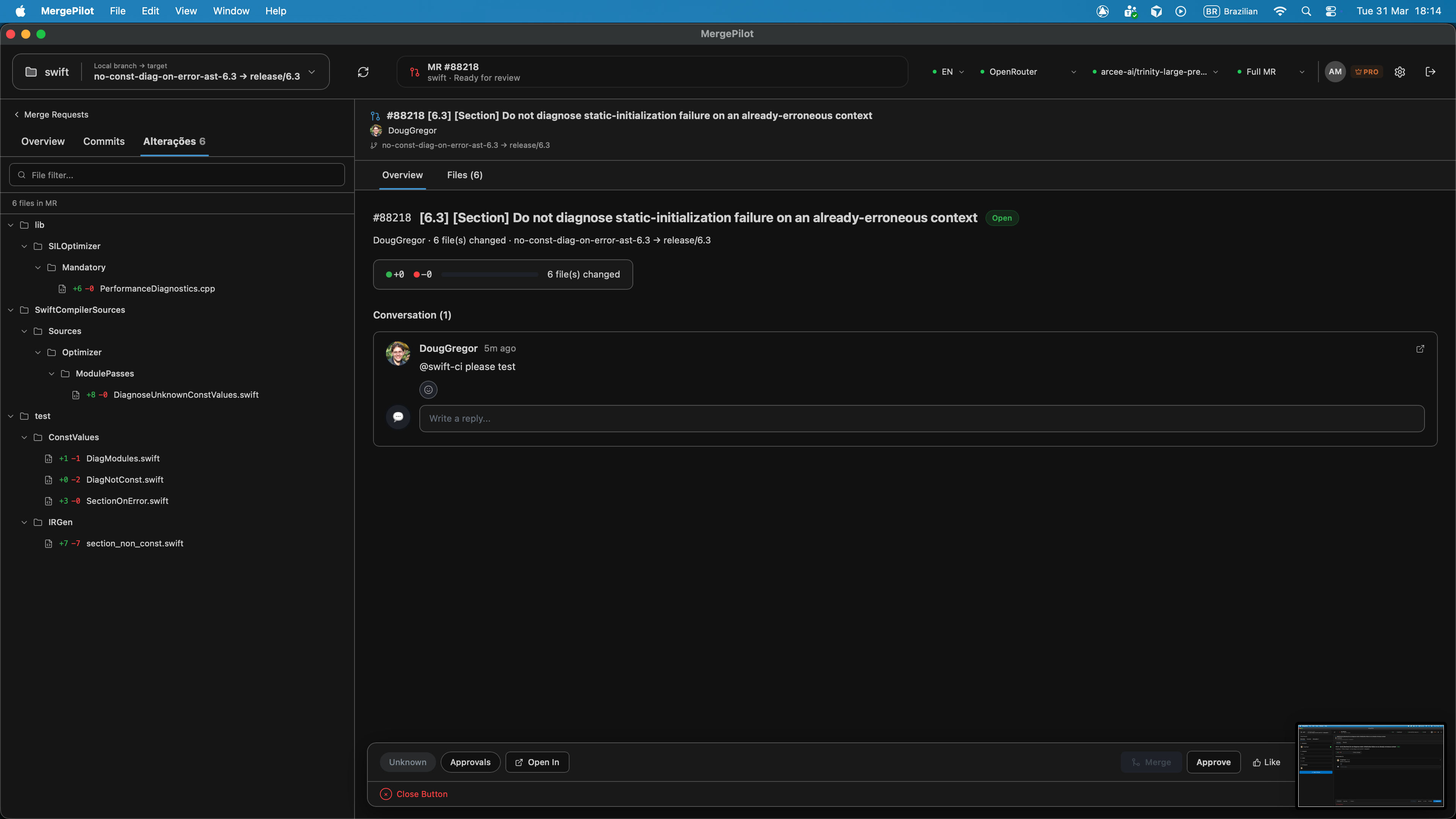 MergePilot diff view with file tree — navigate changes and post inline comments