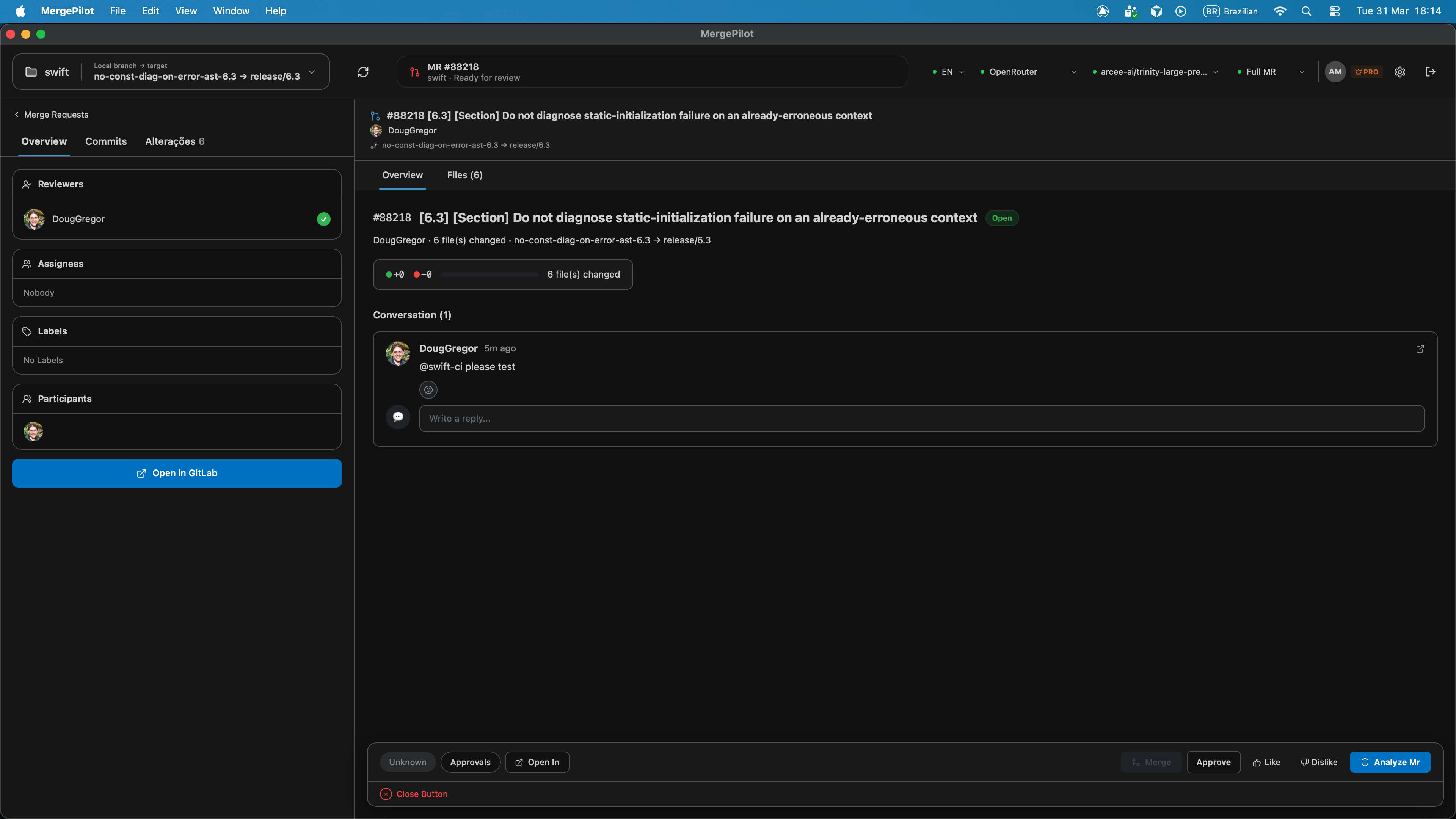 MergePilot MR detail — overview, commits, file changes, and conversation
